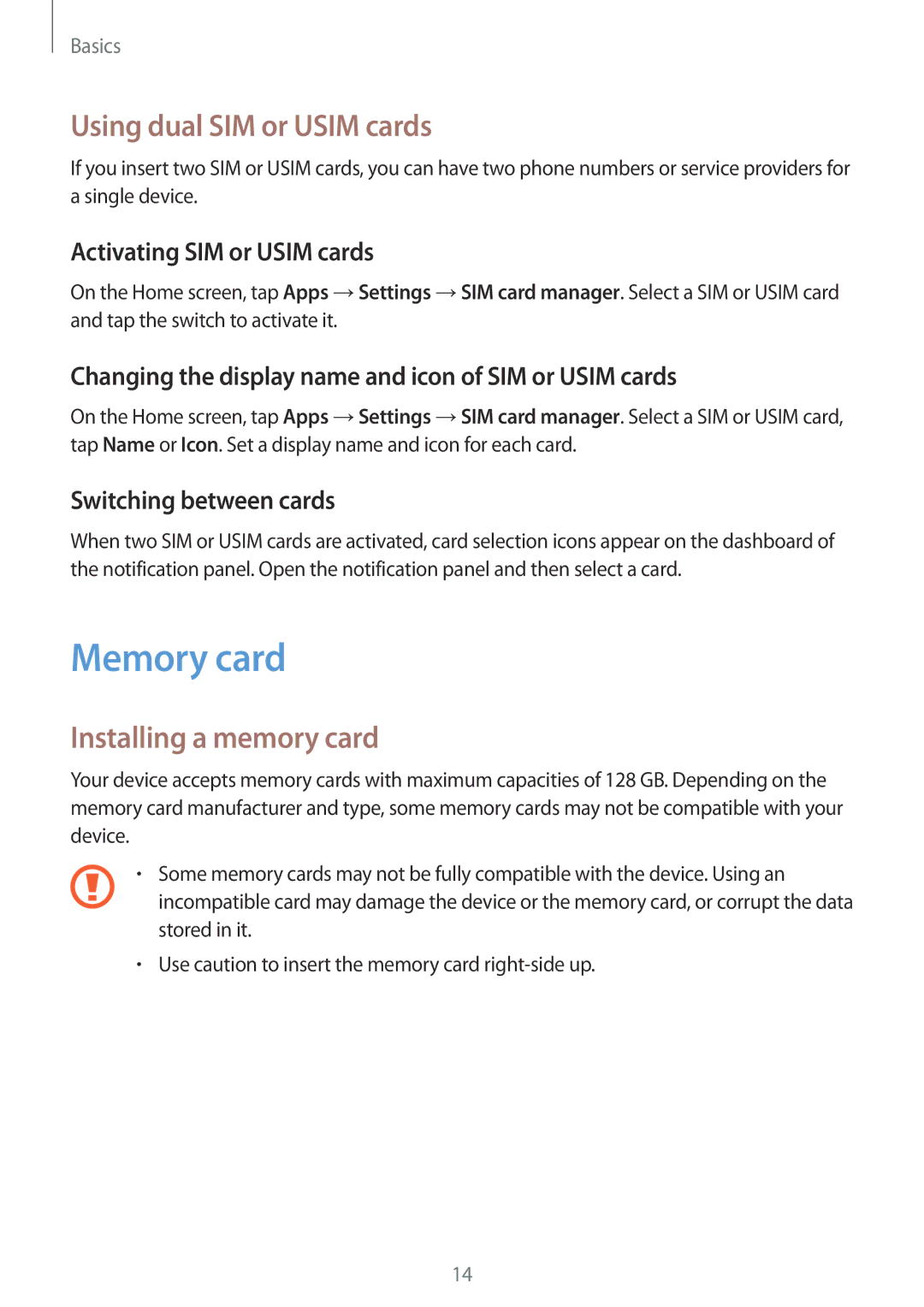 Samsung SM-A800FZWEXXV, SM-A800FZDEKSA, SM-A800FZDEXXV Memory card, Using dual SIM or Usim cards, Installing a memory card 