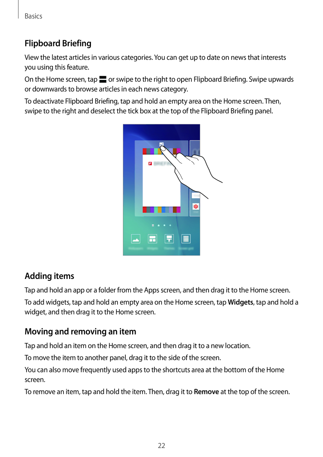 Samsung SM-A800FZDEXXV, SM-A800FZDEKSA, SM-A800FZWEXXV manual Flipboard Briefing, Adding items, Moving and removing an item 