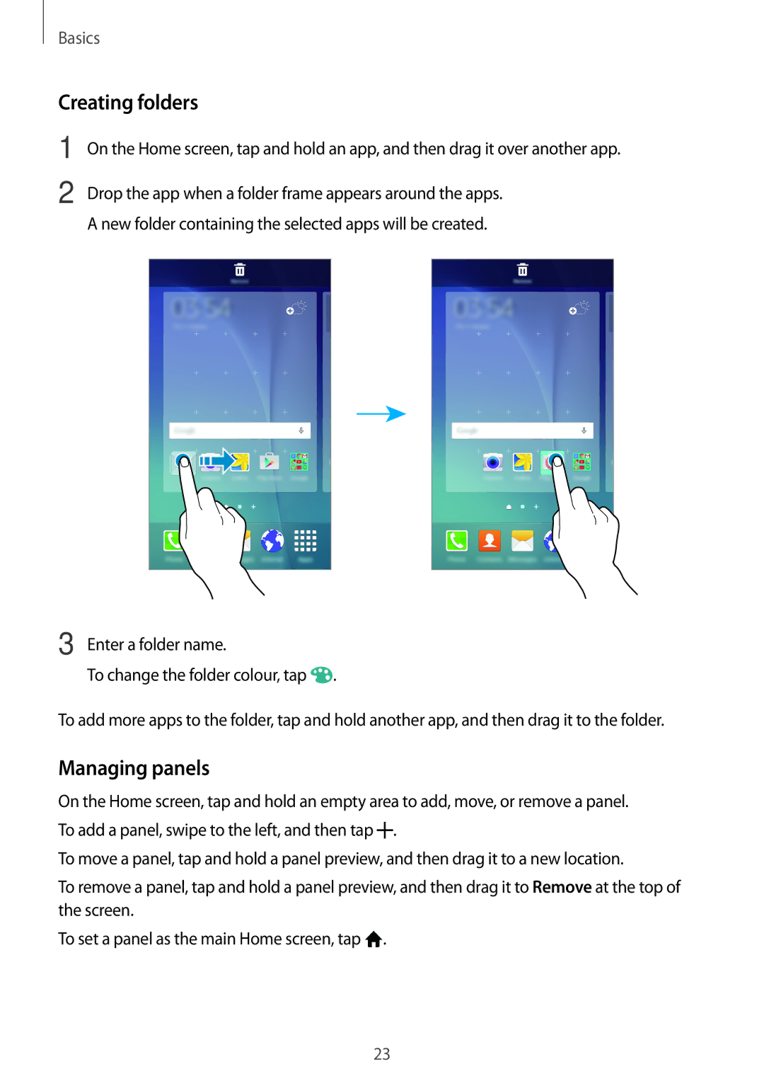 Samsung SM-A800FZWEXXV, SM-A800FZDEKSA, SM-A800FZDEXXV manual Creating folders, Managing panels, Enter a folder name 