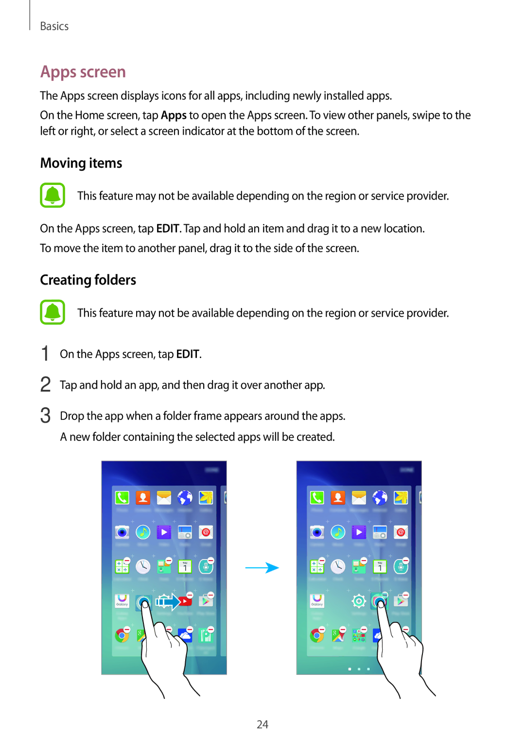 Samsung SM-A800FZDEKSA, SM-A800FZDEXXV, SM-A800FZWEXXV manual Apps screen, Moving items 