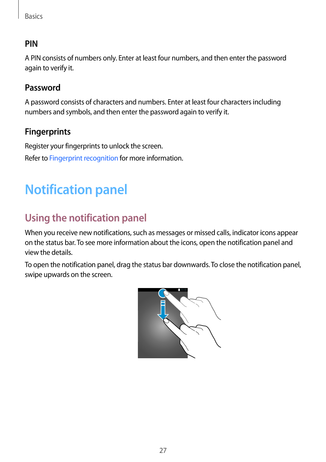 Samsung SM-A800FZDEKSA, SM-A800FZDEXXV manual Notification panel, Using the notification panel, Password, Fingerprints 