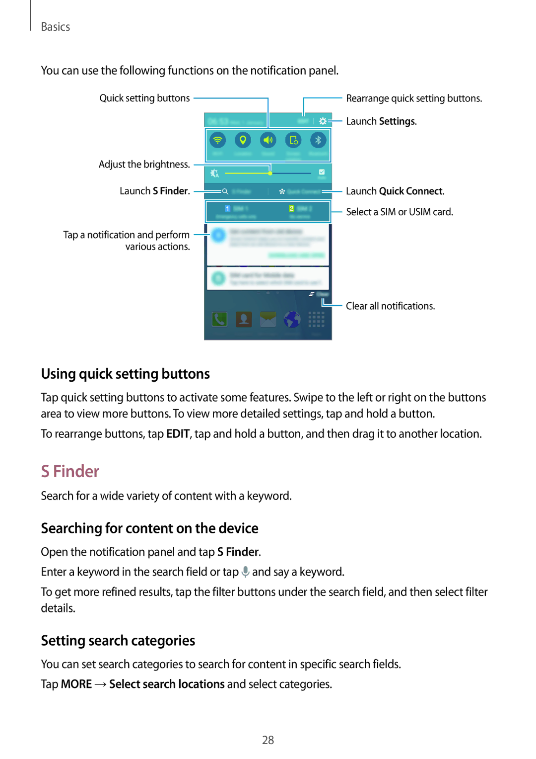 Samsung SM-A800FZDEXXV Finder, Using quick setting buttons, Searching for content on the device, Setting search categories 