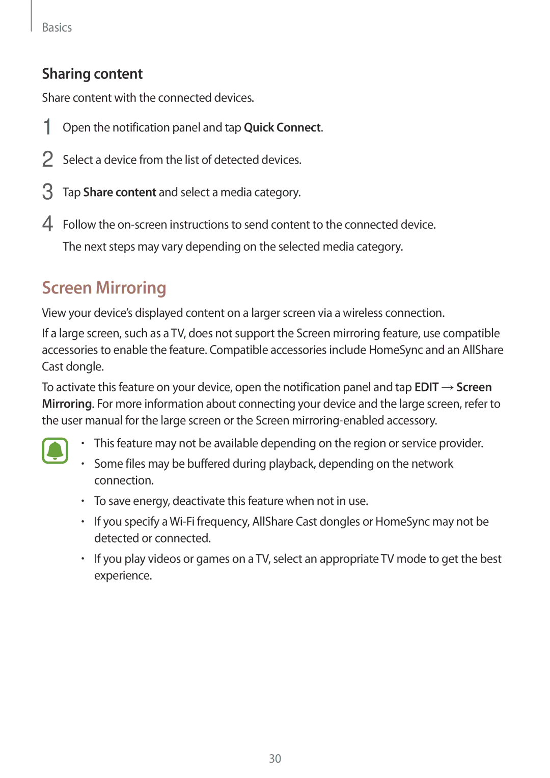 Samsung SM-A800FZDEKSA, SM-A800FZDEXXV, SM-A800FZWEXXV manual Screen Mirroring, Sharing content 