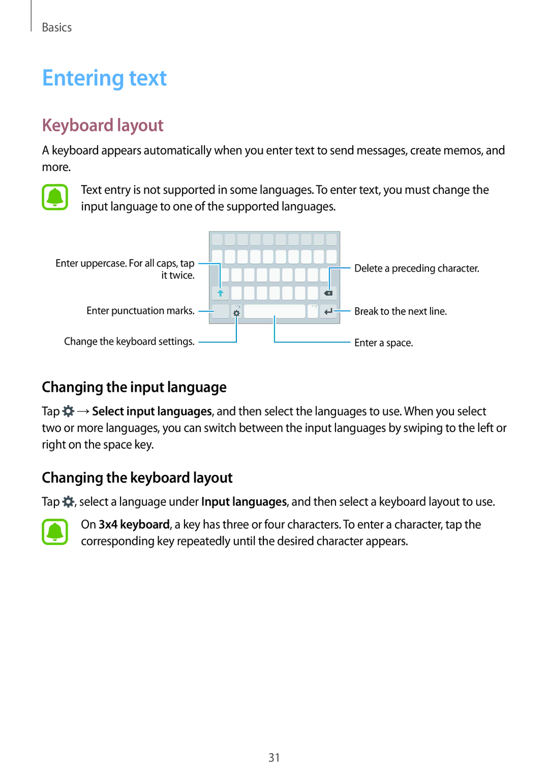 Samsung SM-A800FZDEXXV manual Entering text, Keyboard layout, Changing the input language, Changing the keyboard layout 