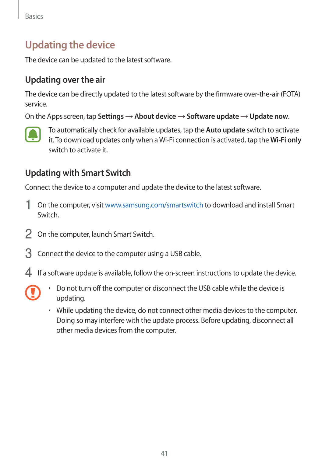 Samsung SM-A800FZWEXXV, SM-A800FZDEKSA manual Updating the device, Updating over the air, Updating with Smart Switch 