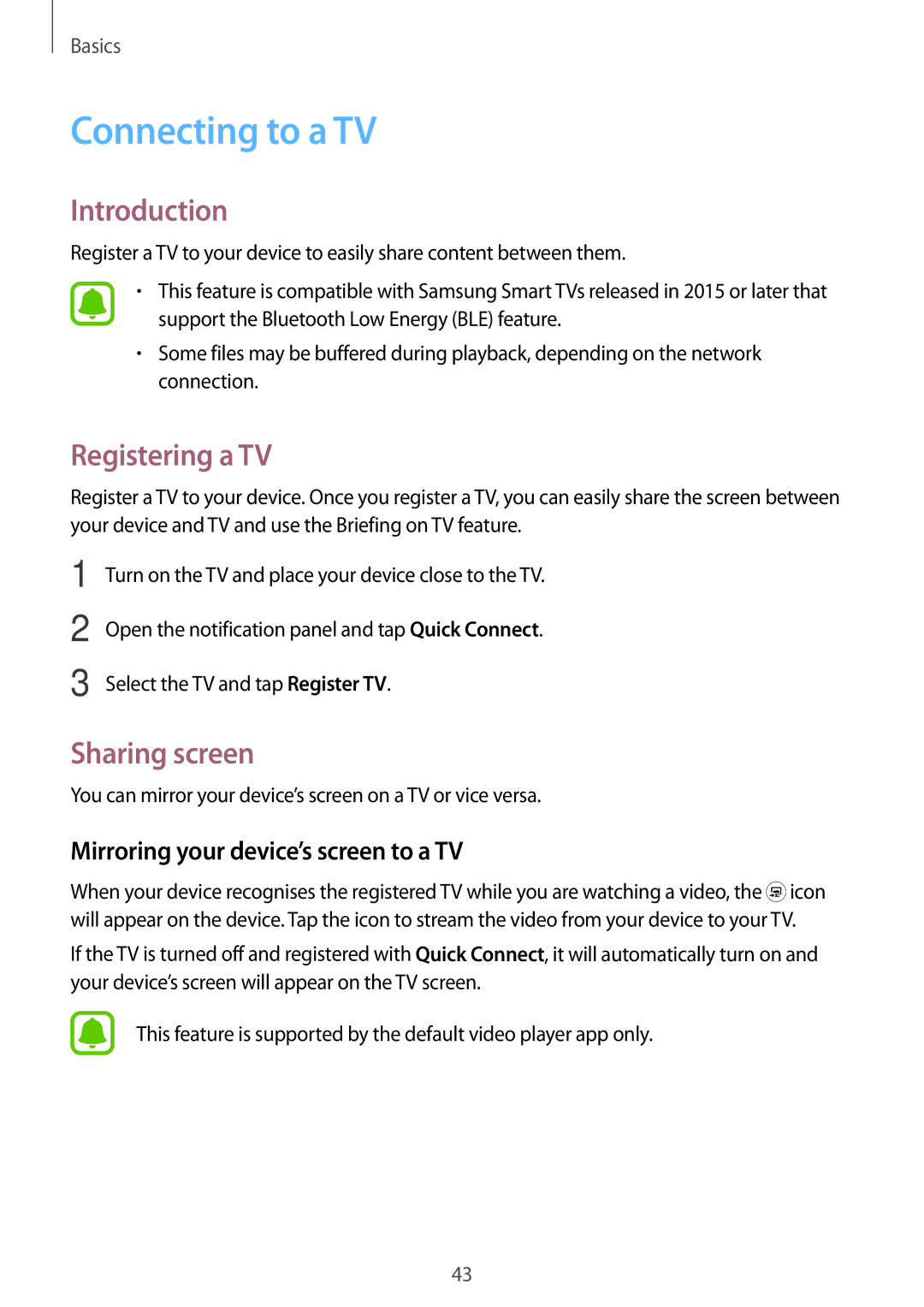 Samsung SM-A800FZDEXXV manual Connecting to a TV, Registering a TV, Sharing screen, Mirroring your device’s screen to a TV 