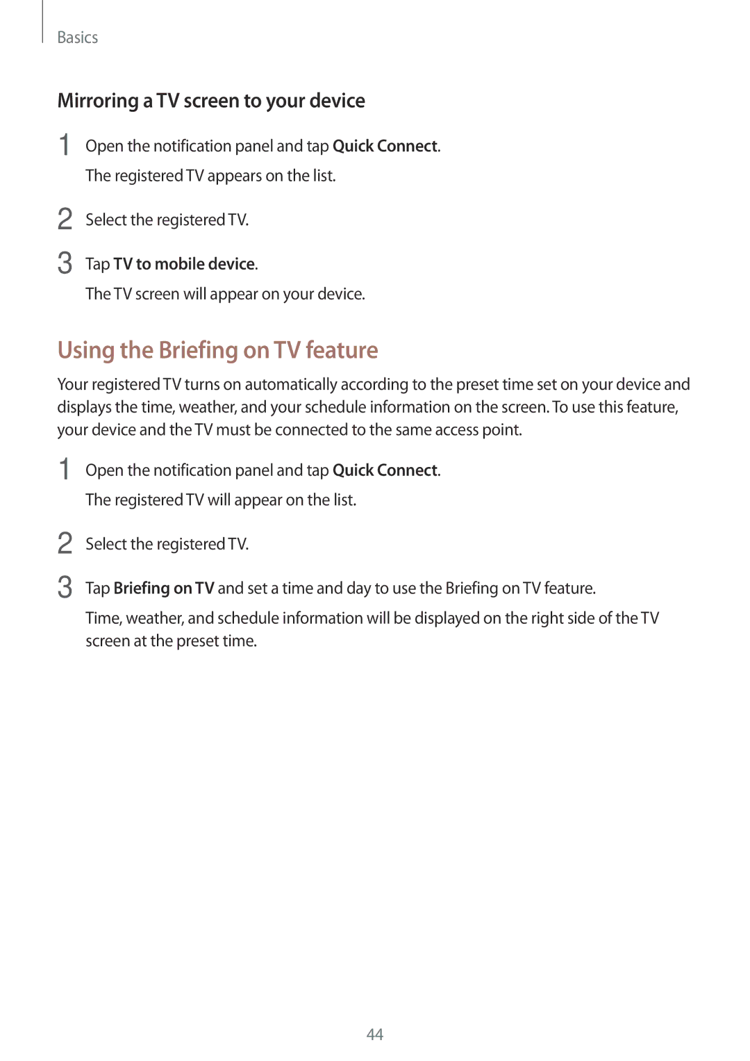 Samsung SM-A800FZWEXXV Using the Briefing on TV feature, Mirroring a TV screen to your device, Select the registered TV 