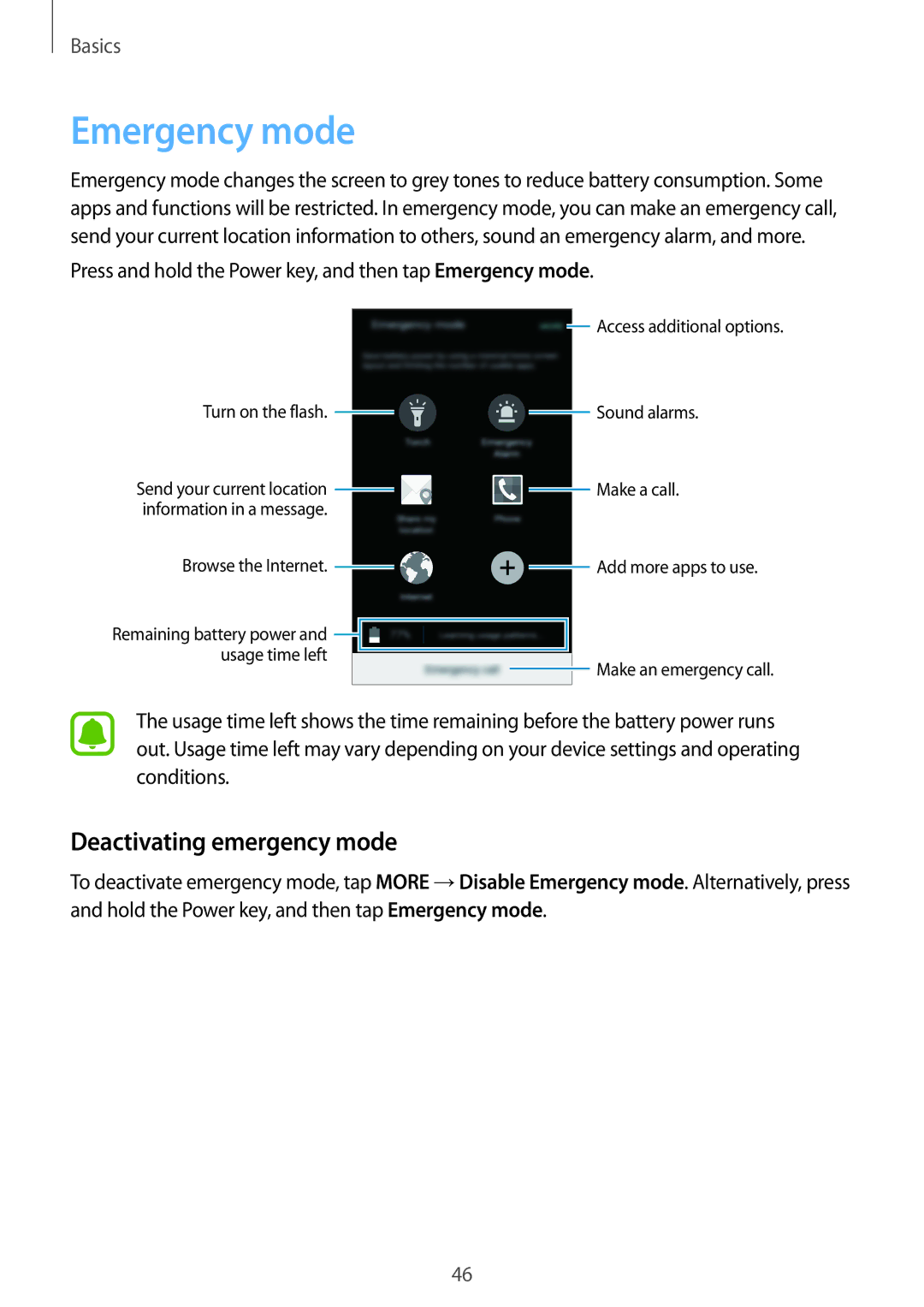 Samsung SM-A800FZDEXXV, SM-A800FZDEKSA, SM-A800FZWEXXV manual Emergency mode, Deactivating emergency mode 