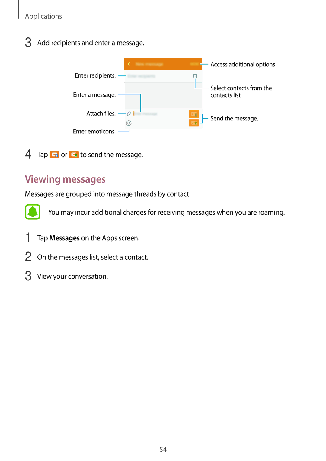 Samsung SM-A800FZDEKSA, SM-A800FZDEXXV Viewing messages, Add recipients and enter a message, Tap or to send the message 