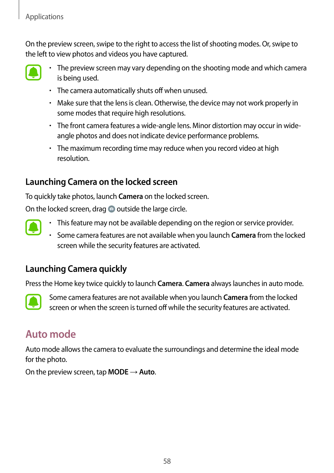 Samsung SM-A800FZDEXXV, SM-A800FZDEKSA manual Auto mode, Launching Camera on the locked screen, Launching Camera quickly 