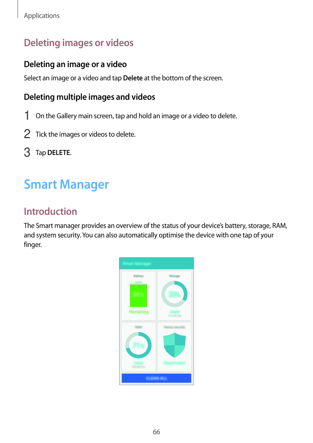 Samsung SM-A800FZDEKSA, SM-A800FZDEXXV Smart Manager, Deleting images or videos, Deleting an image or a video, Tap Delete 