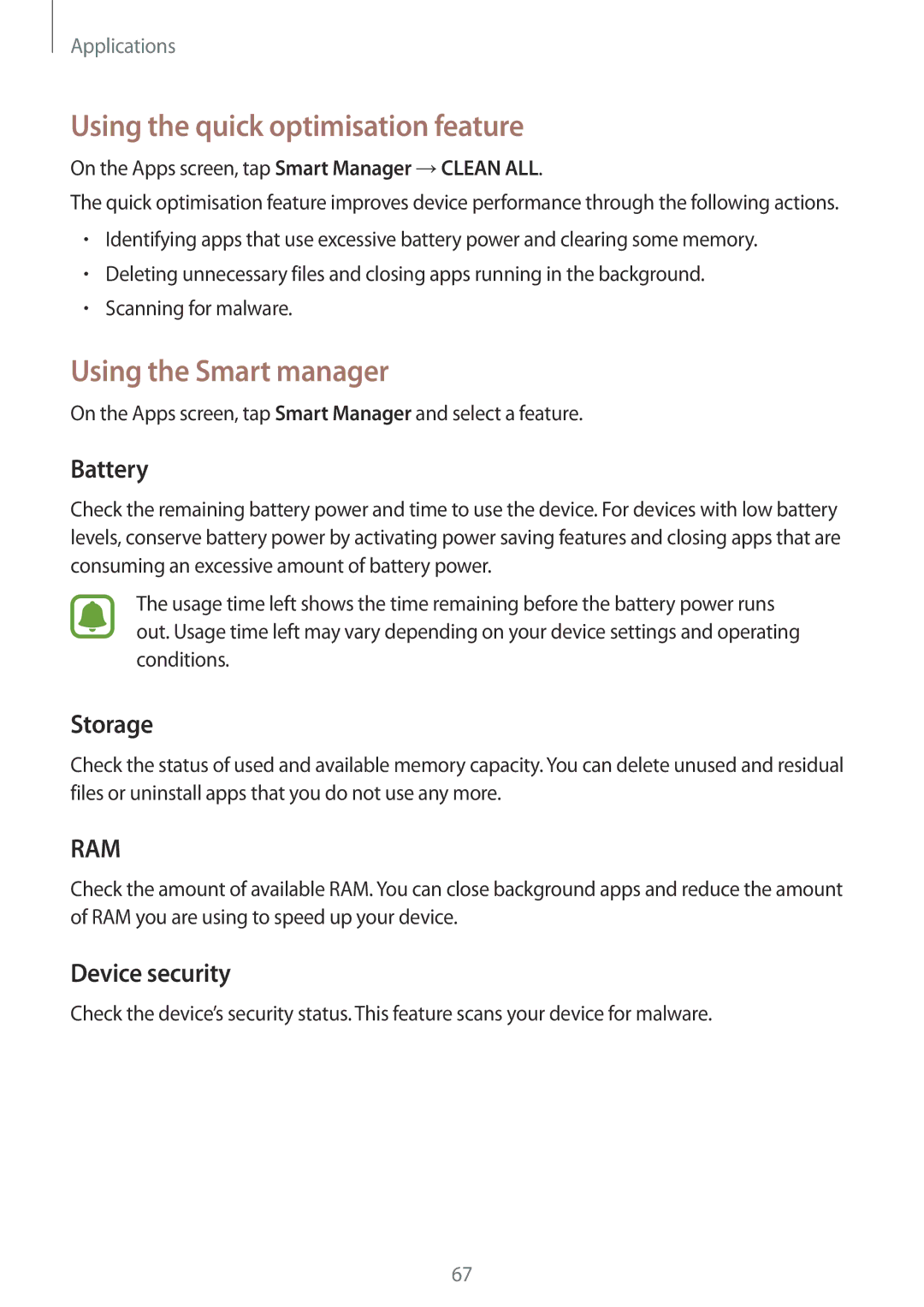 Samsung SM-A800FZDEXXV Using the quick optimisation feature, Using the Smart manager, Battery, Storage, Device security 