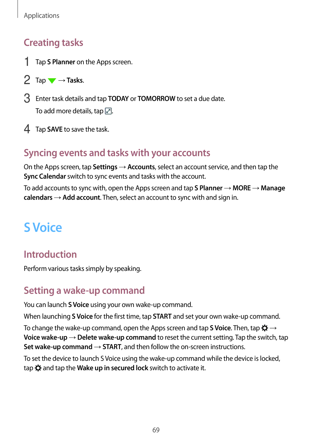 Samsung SM-A800FZDEKSA manual Voice, Creating tasks, Syncing events and tasks with your accounts, Setting a wake-up command 