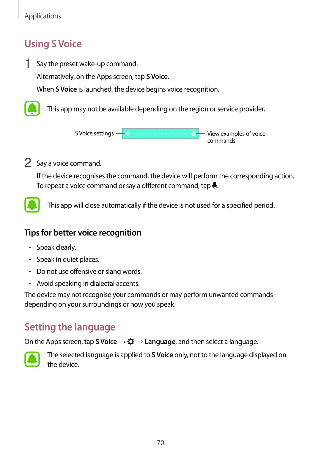 Samsung SM-A800FZDEXXV manual Using S Voice, Setting the language, Tips for better voice recognition, Say a voice command 