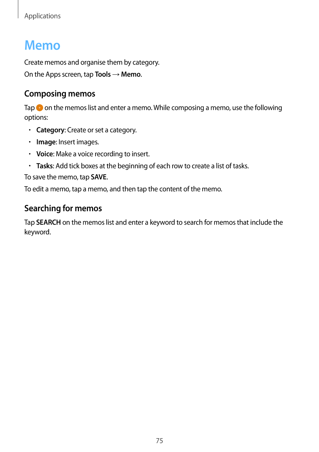 Samsung SM-A800FZDEKSA, SM-A800FZDEXXV, SM-A800FZWEXXV manual Memo, Composing memos, Searching for memos 