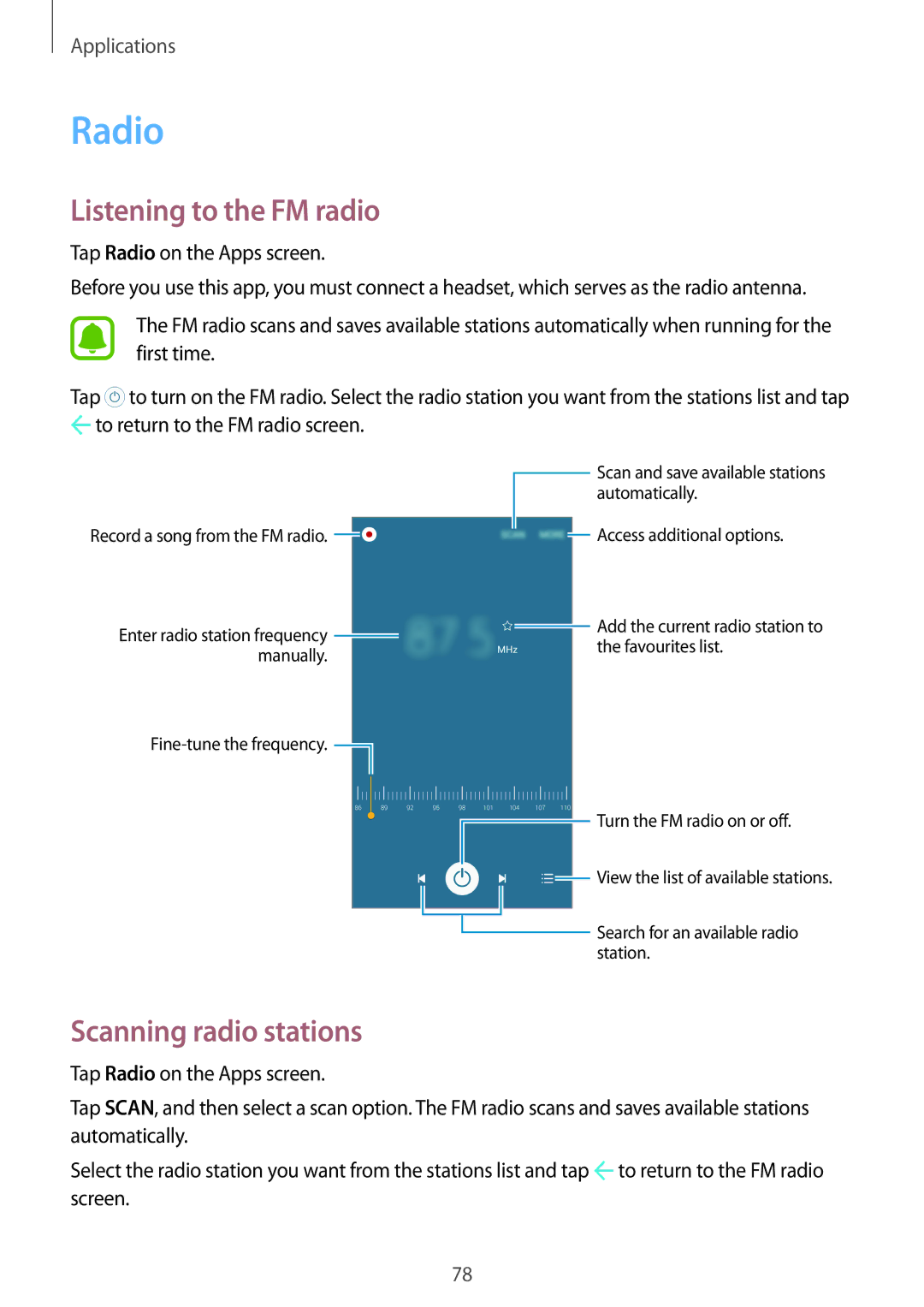 Samsung SM-A800FZDEKSA manual Listening to the FM radio, Scanning radio stations, Tap Radio on the Apps screen 