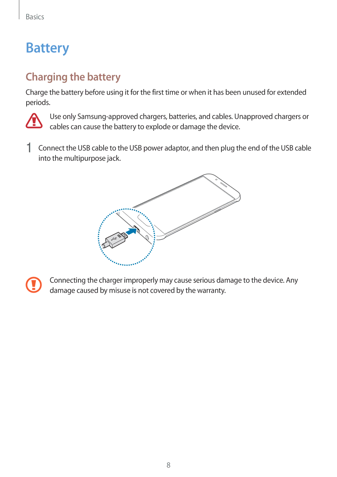 Samsung SM-A800FZWEXXV, SM-A800FZDEKSA, SM-A800FZDEXXV manual Battery, Charging the battery 