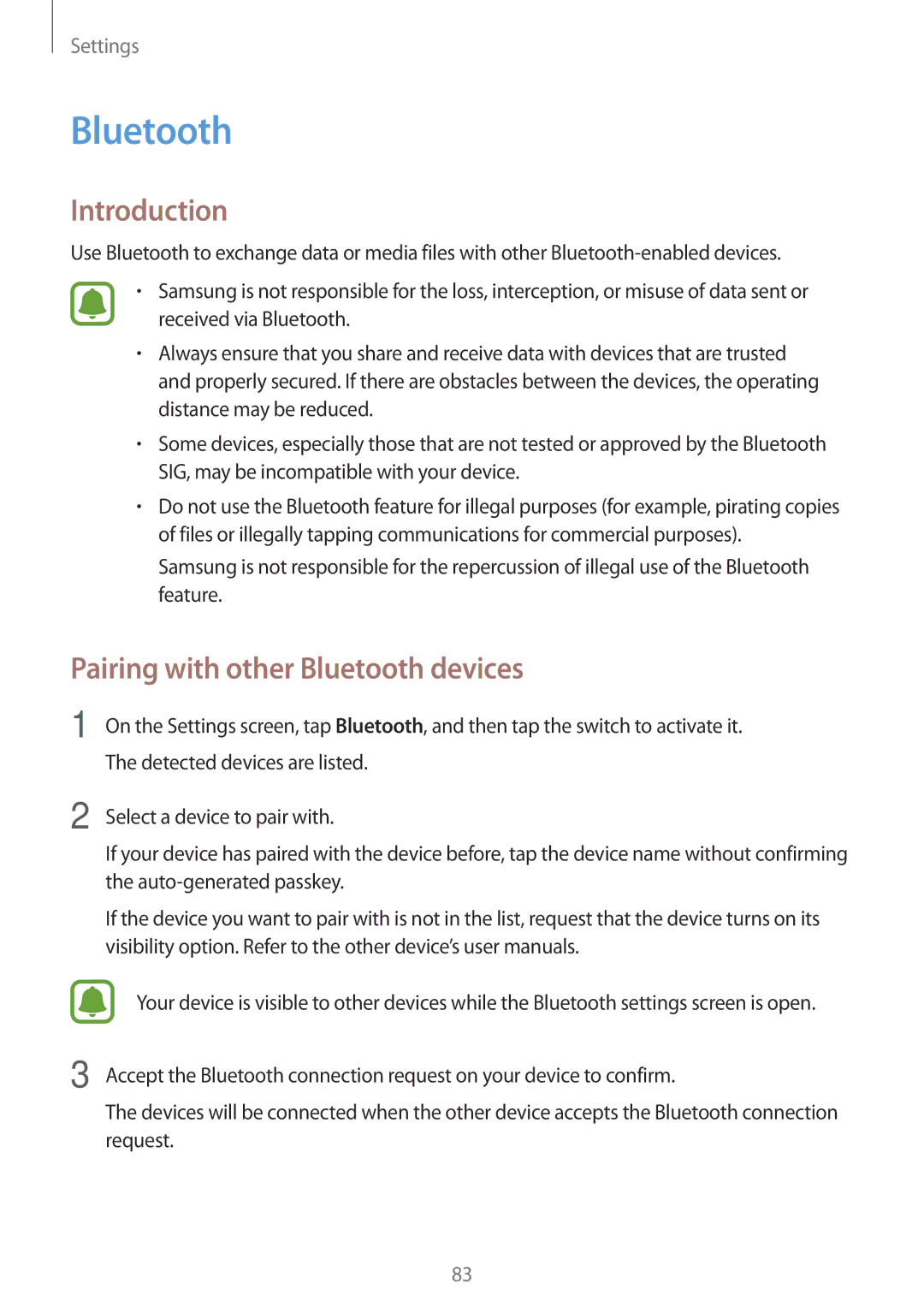 Samsung SM-A800FZWEXXV, SM-A800FZDEKSA, SM-A800FZDEXXV manual Pairing with other Bluetooth devices 