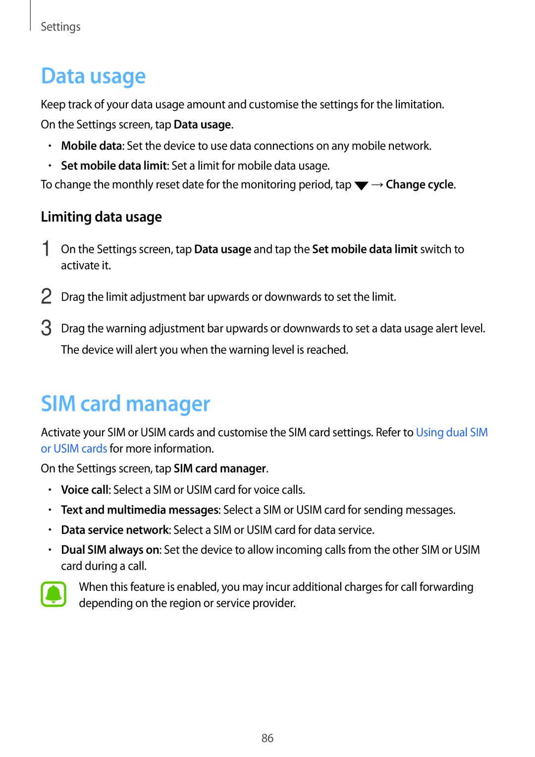 Samsung SM-A800FZWEXXV, SM-A800FZDEKSA, SM-A800FZDEXXV manual Data usage, SIM card manager, Limiting data usage 