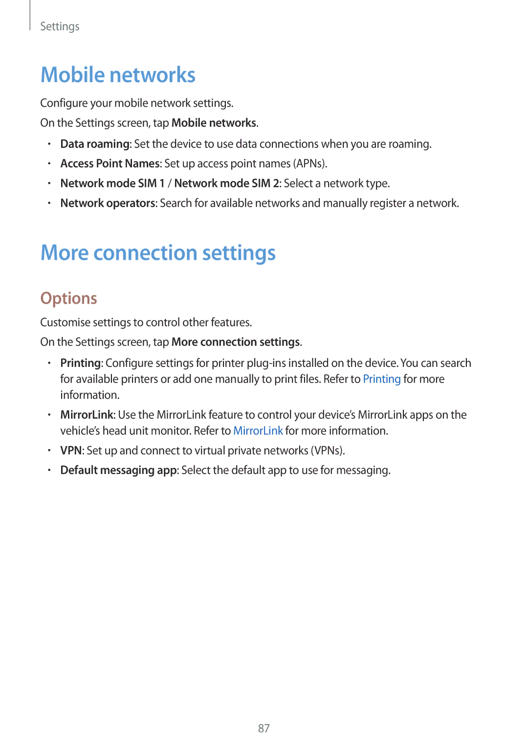 Samsung SM-A800FZDEKSA, SM-A800FZDEXXV, SM-A800FZWEXXV manual Mobile networks, More connection settings, Options 