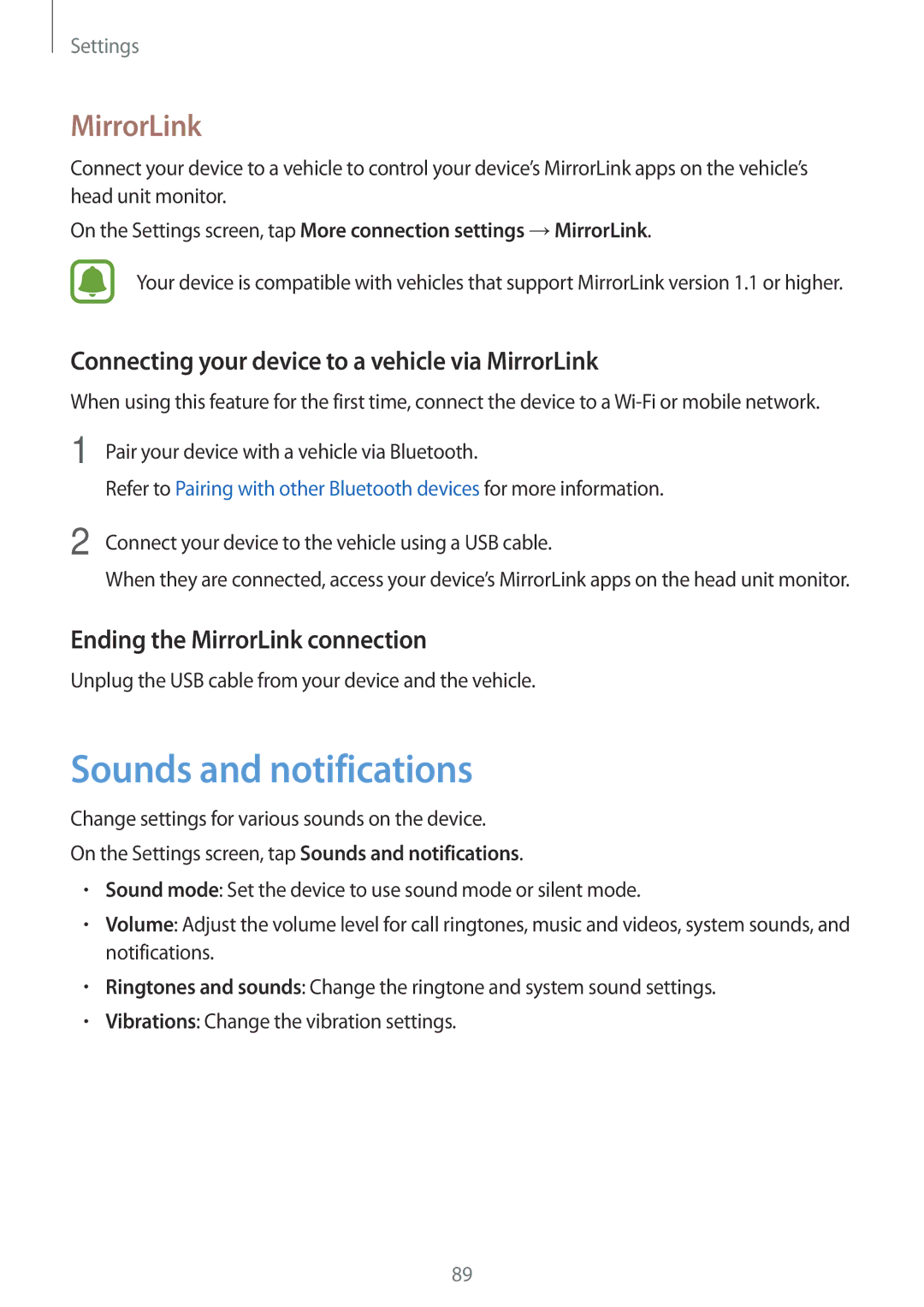 Samsung SM-A800FZWEXXV, SM-A800FZDEKSA Sounds and notifications, Connecting your device to a vehicle via MirrorLink 