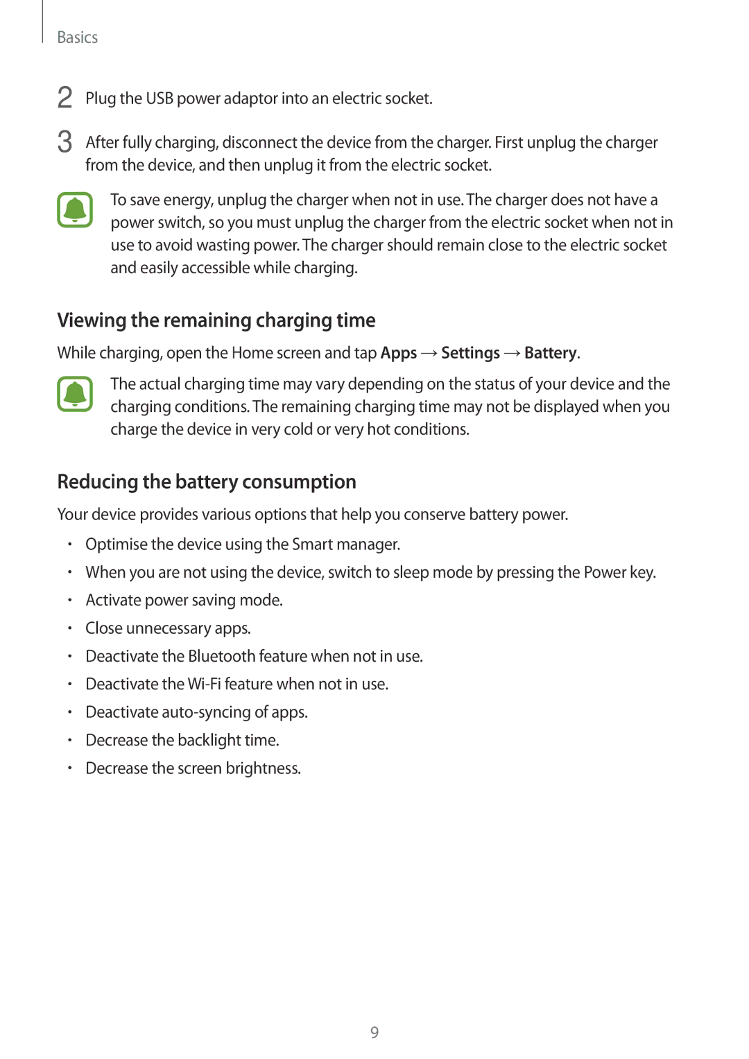 Samsung SM-A800FZDEKSA, SM-A800FZDEXXV manual Viewing the remaining charging time, Reducing the battery consumption 