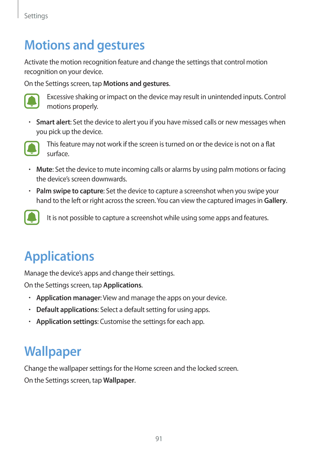 Samsung SM-A800FZDEXXV, SM-A800FZDEKSA, SM-A800FZWEXXV manual Motions and gestures, Applications, Wallpaper 