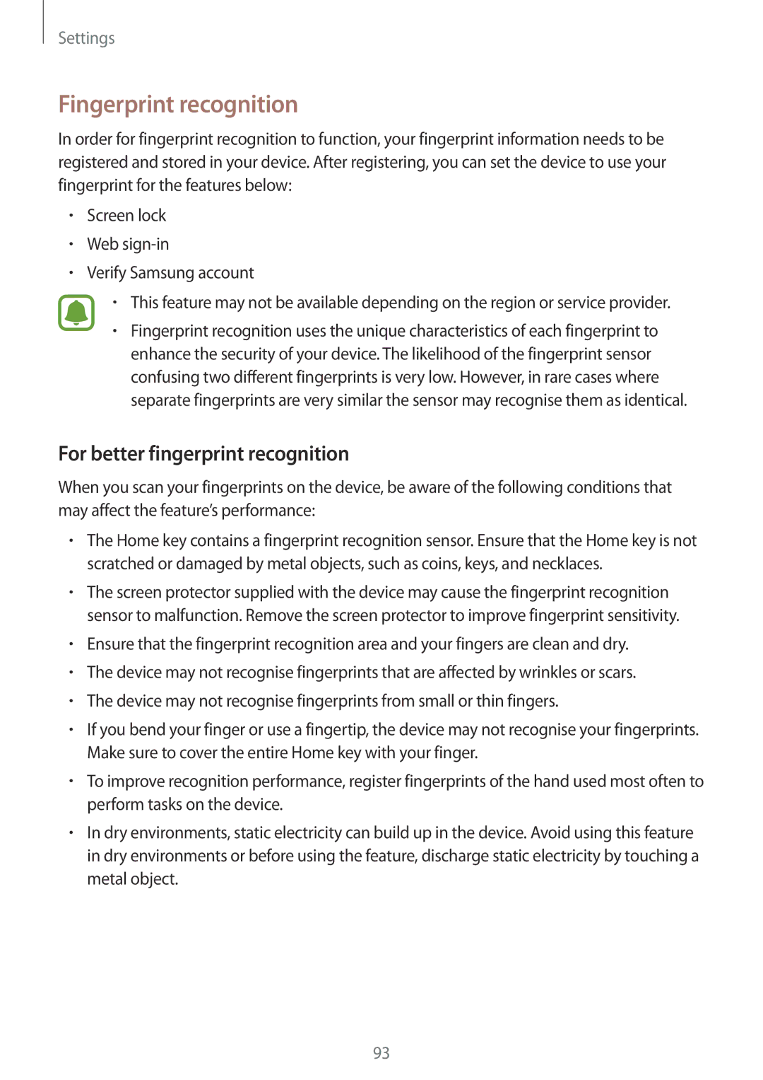Samsung SM-A800FZDEKSA, SM-A800FZDEXXV, SM-A800FZWEXXV manual Fingerprint recognition, For better fingerprint recognition 