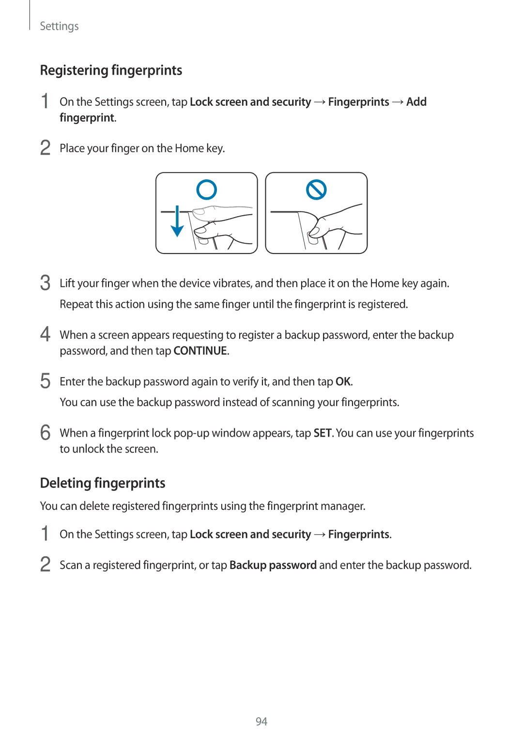 Samsung SM-A800FZDEXXV, SM-A800FZDEKSA, SM-A800FZWEXXV manual Registering fingerprints, Deleting fingerprints 