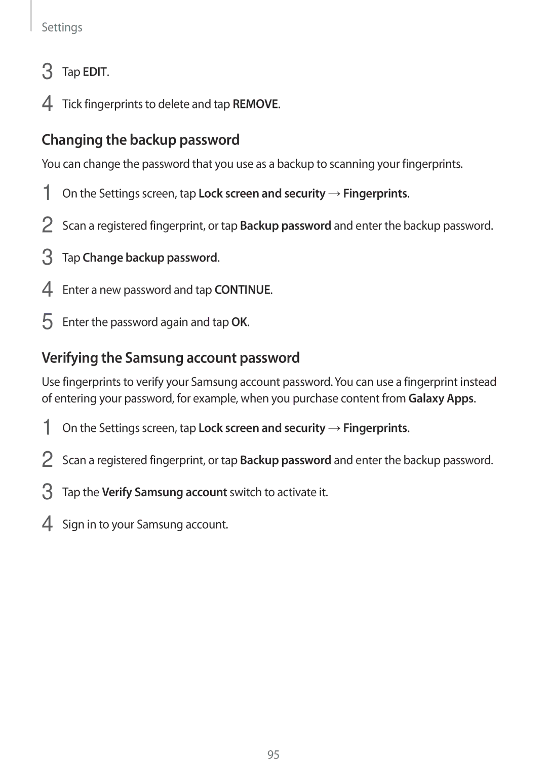 Samsung SM-A800FZWEXXV Changing the backup password, Verifying the Samsung account password, Tap Change backup password 