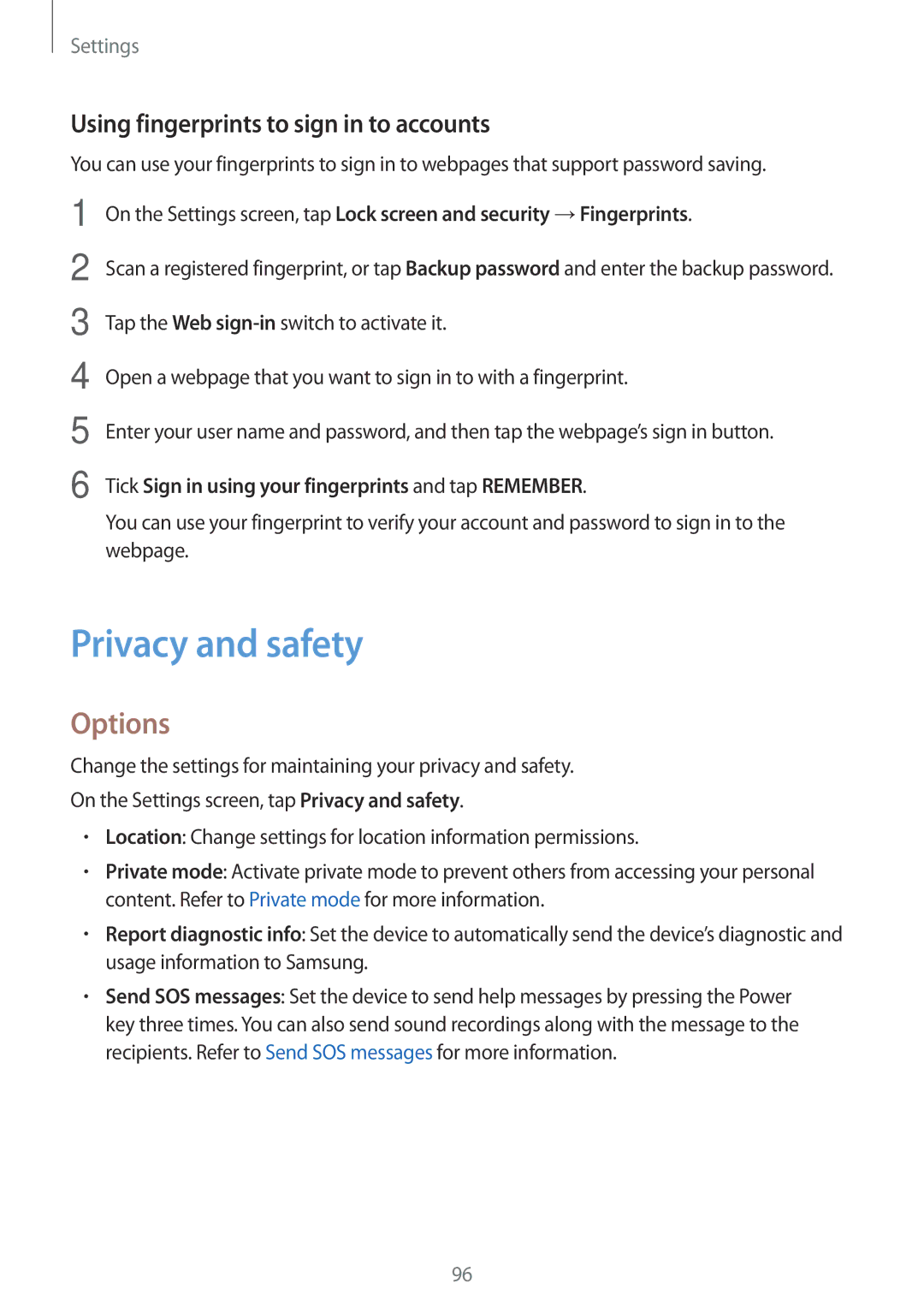 Samsung SM-A800FZDEKSA, SM-A800FZDEXXV, SM-A800FZWEXXV manual Privacy and safety, Using fingerprints to sign in to accounts 