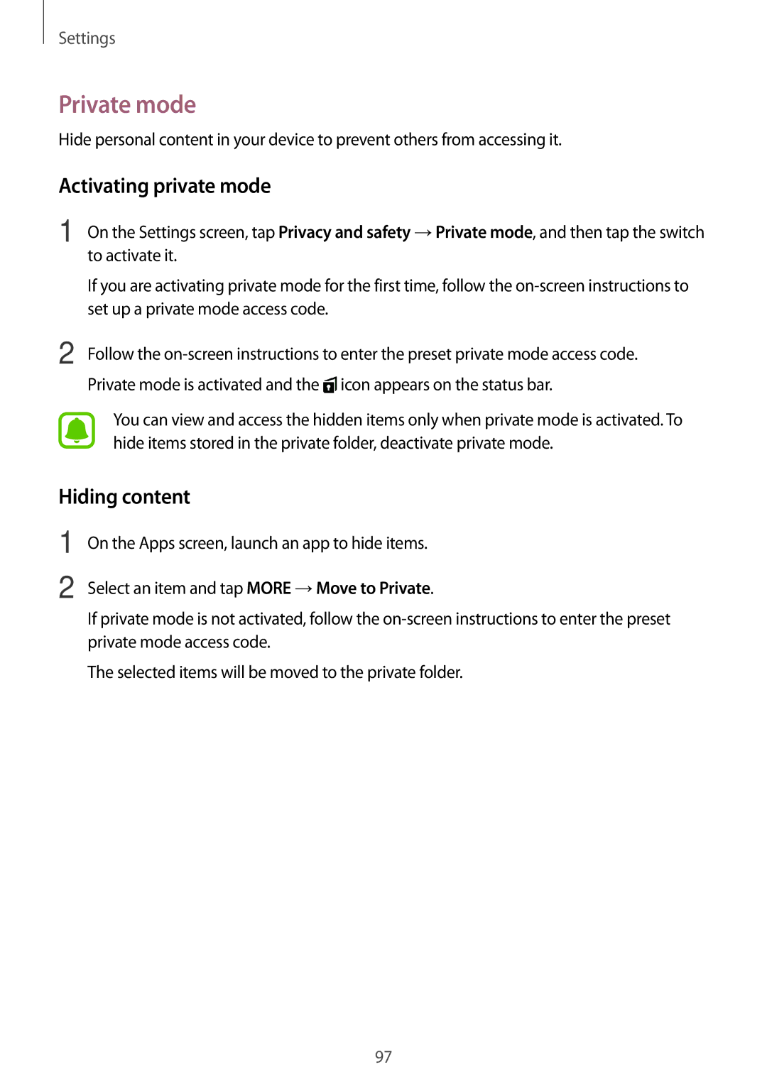 Samsung SM-A800FZDEXXV, SM-A800FZDEKSA, SM-A800FZWEXXV manual Private mode, Activating private mode, Hiding content 