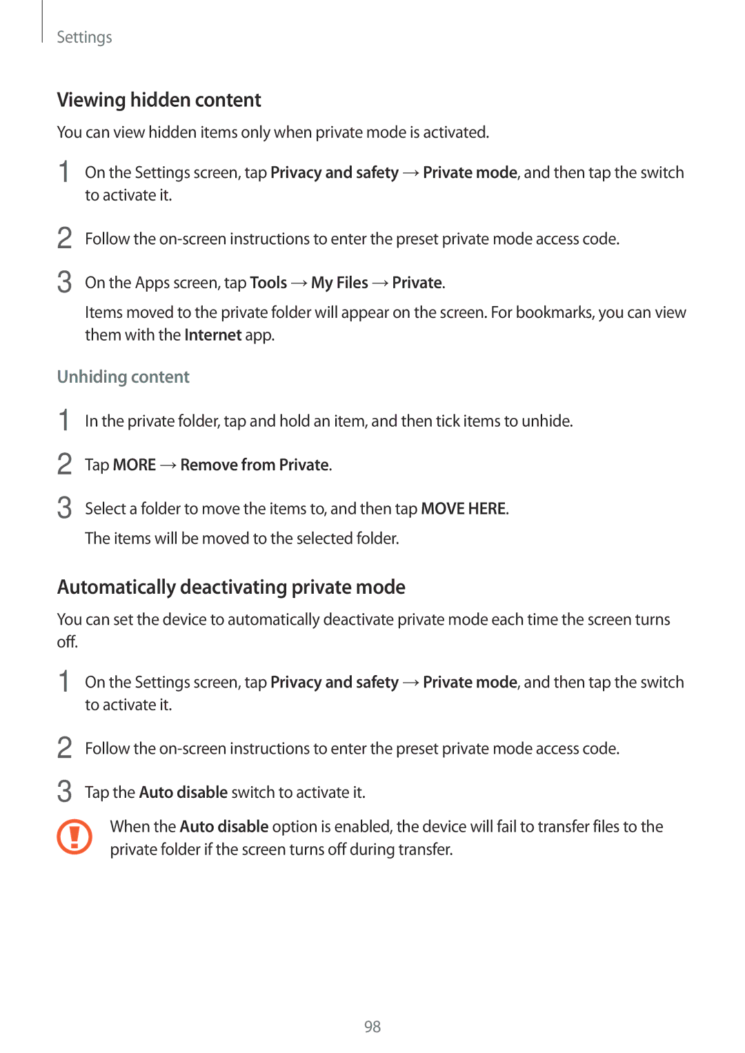 Samsung SM-A800FZWEXXV Viewing hidden content, Automatically deactivating private mode, Tap More →Remove from Private 