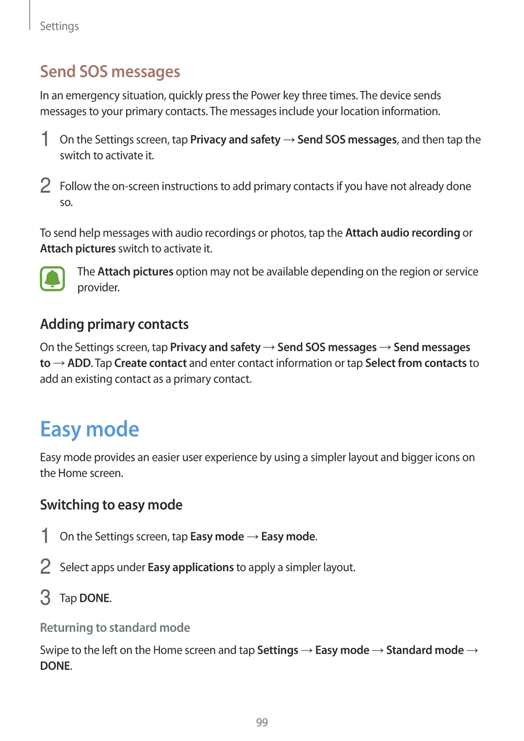 Samsung SM-A800FZDEKSA manual Easy mode, Send SOS messages, Adding primary contacts, Switching to easy mode, Tap Done 