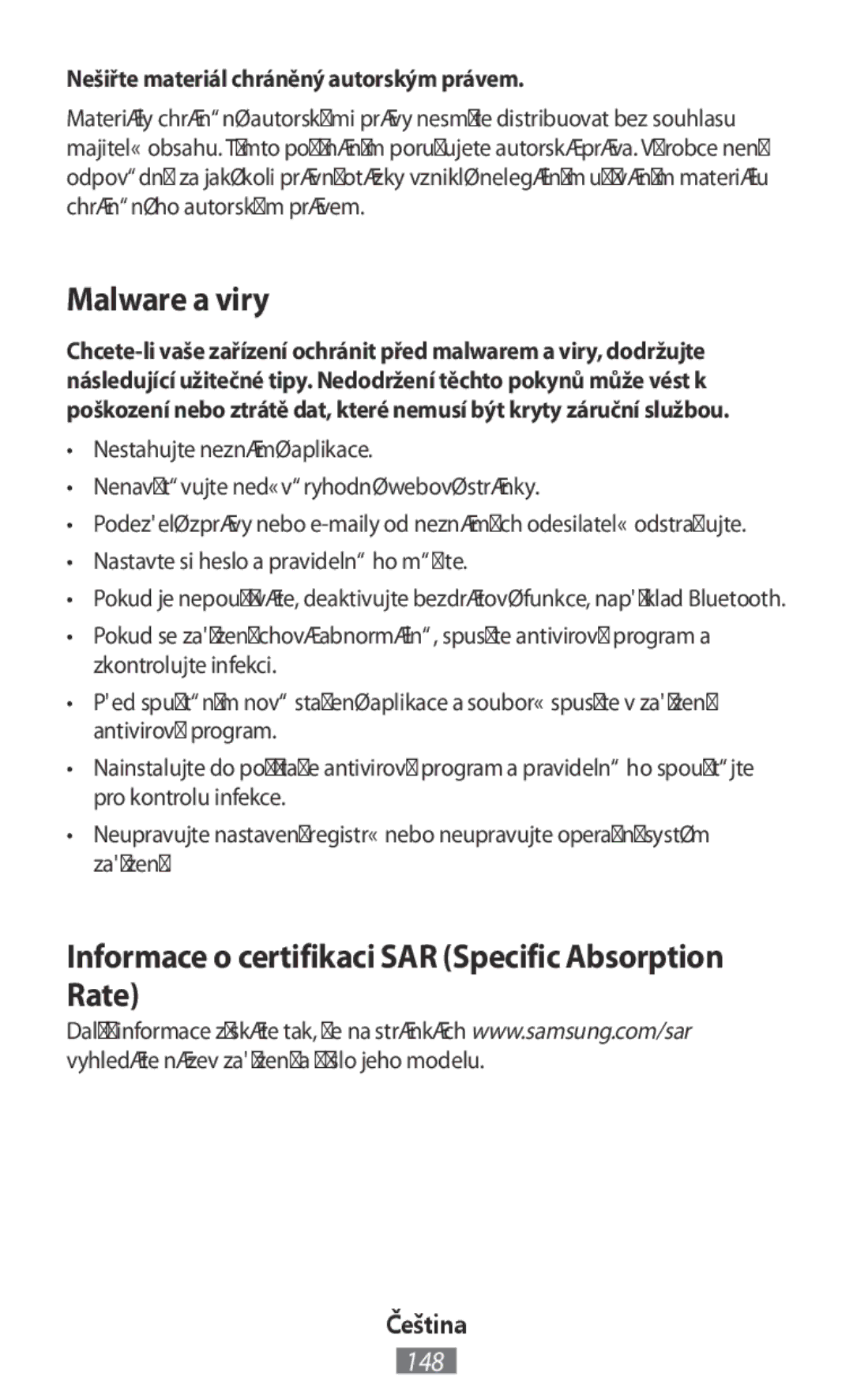 Samsung SM-T331NZWASER, SM-A800FZDEKSA, SM-T330NZWAKSA Malware a viry, Informace o certifikaci SAR Specific Absorption Rate 