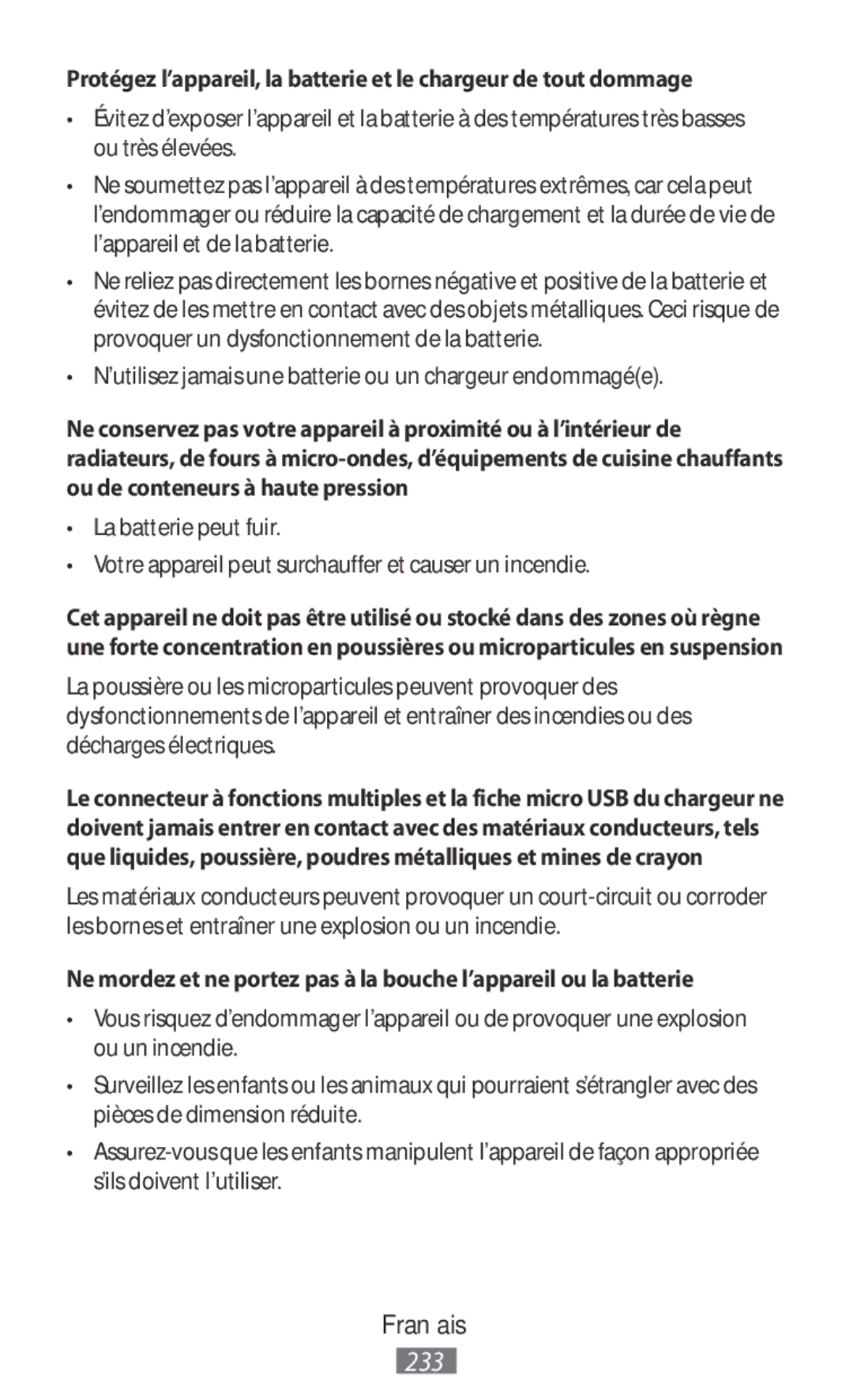 Samsung SM-A800FZDEKSA, SM-T330NZWAKSA, SM-A800FZDEXXV manual ’utilisez jamais une batterie ou un chargeur endommagée 