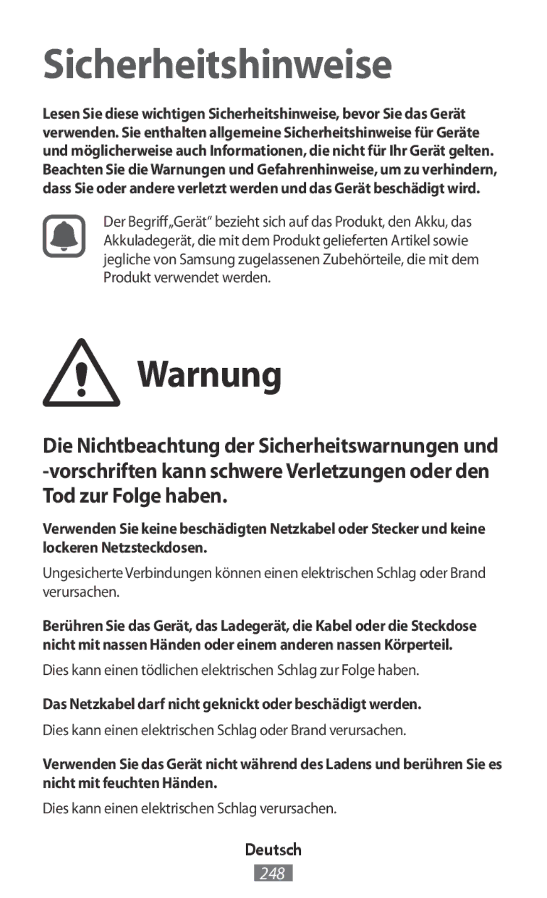 Samsung SM-A800FZWEXXV, SM-A800FZDEKSA manual Warnung, Das Netzkabel darf nicht geknickt oder beschädigt werden, Deutsch 