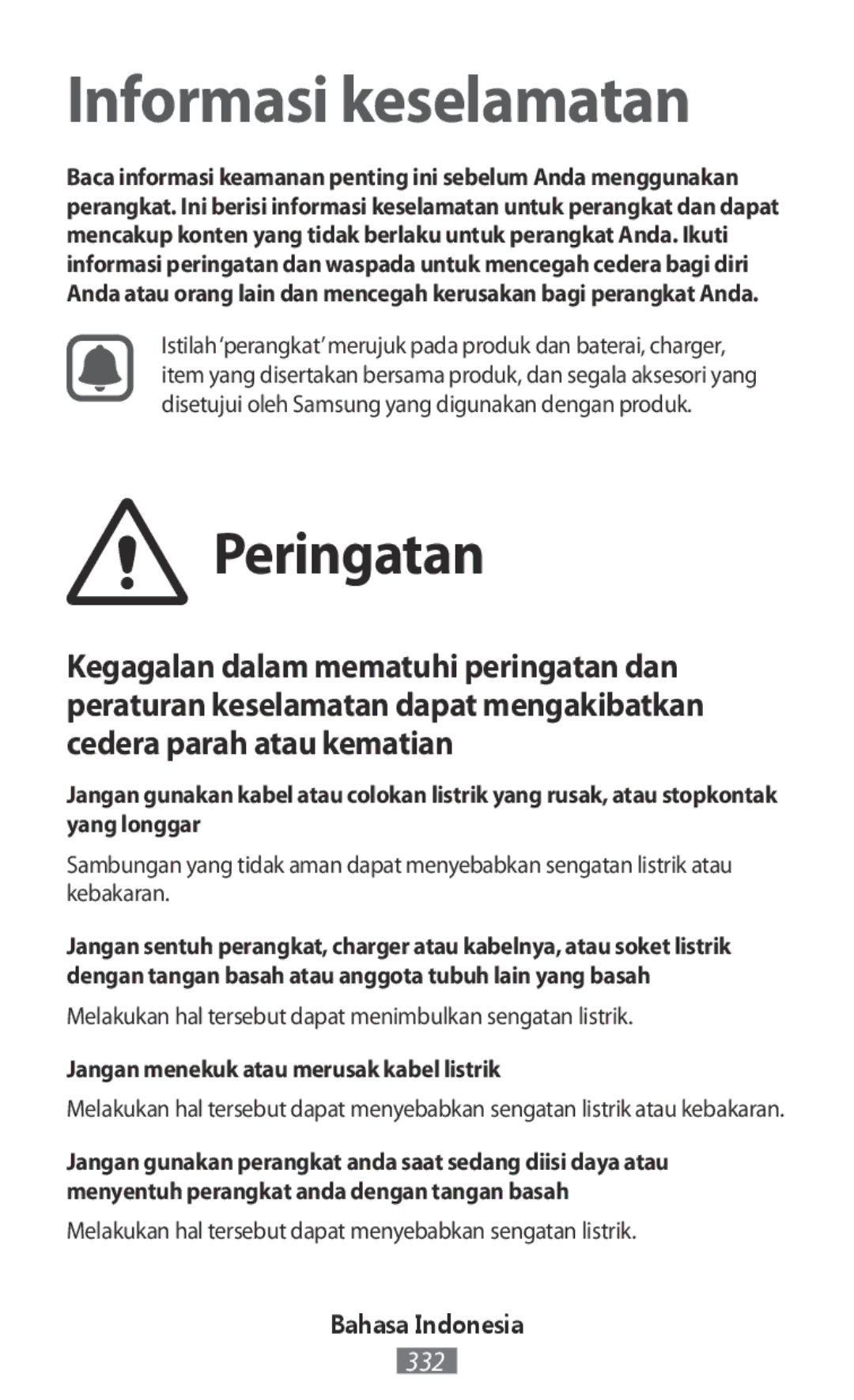 Samsung SM-A800FZWEXXV manual Peringatan, Melakukan hal tersebut dapat menimbulkan sengatan listrik, Bahasa Indonesia 