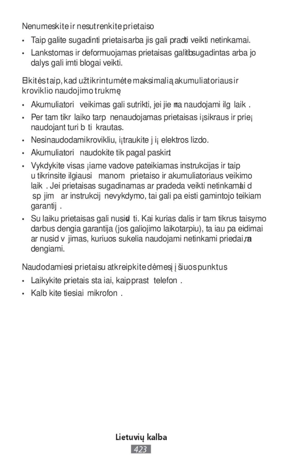 Samsung SM-T331NYKASER Nenumeskite ir nesutrenkite prietaiso, Naudodamiesi prietaisu atkreipkite dėmesį į šiuos punktus 