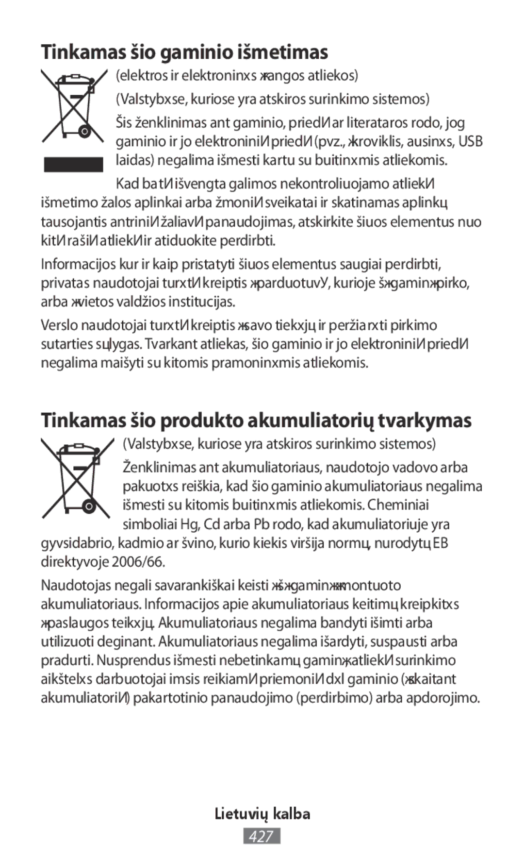 Samsung SM-A800FZDEXXV, SM-A800FZDEKSA manual Tinkamas šio gaminio išmetimas, Tinkamas šio produkto akumuliatorių tvarkymas 