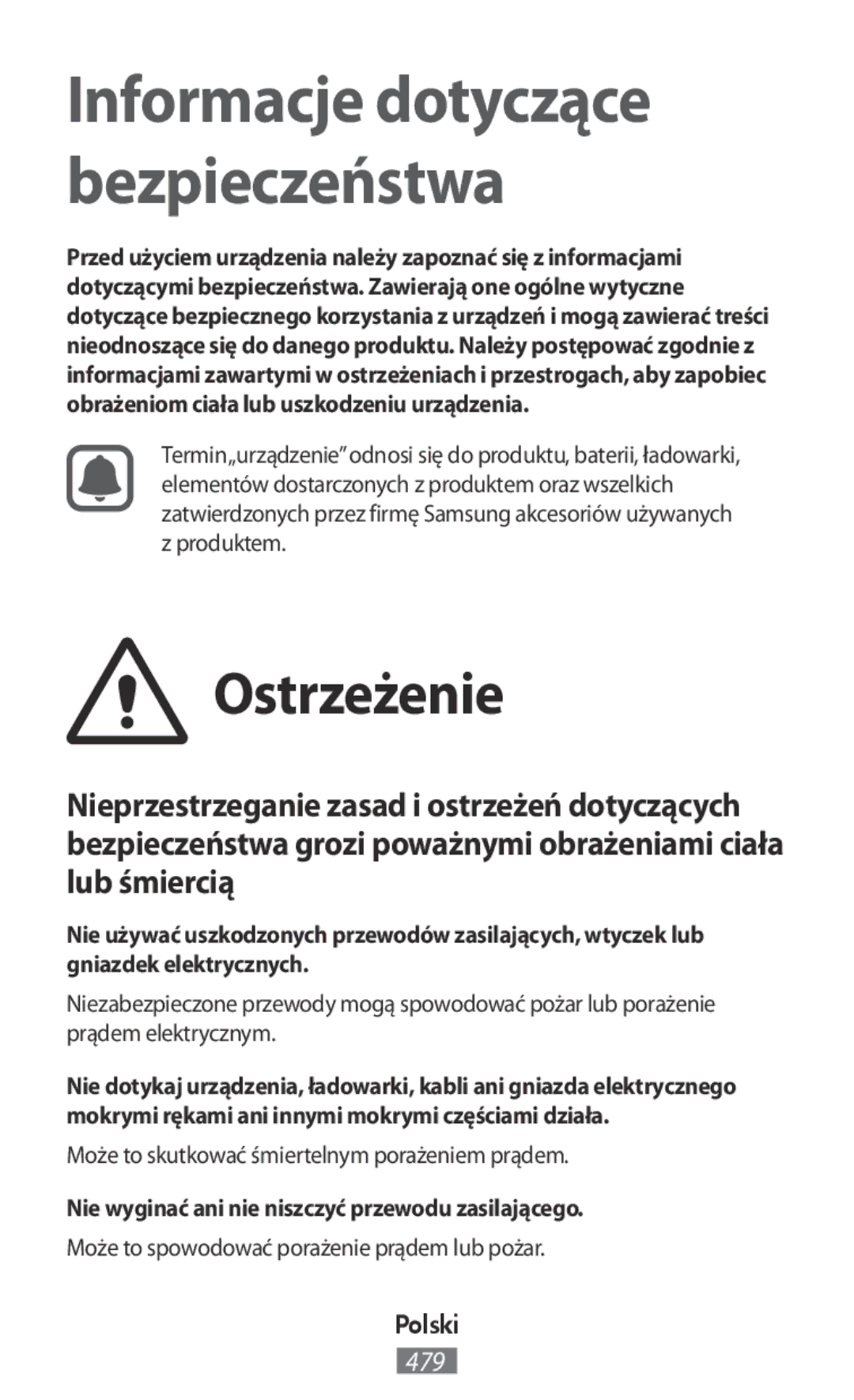 Samsung SM-A800FZDEKSA, SM-T330NZWAKSA, SM-A800FZDEXXV Ostrzeżenie, Może to skutkować śmiertelnym porażeniem prądem, Polski 