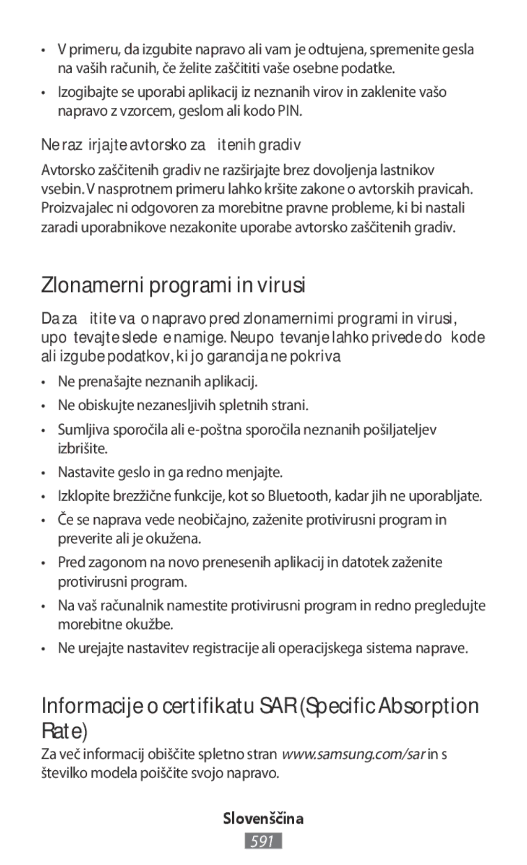 Samsung SM-T331NYKASER manual Zlonamerni programi in virusi, Informacije o certifikatu SAR Specific Absorption Rate 