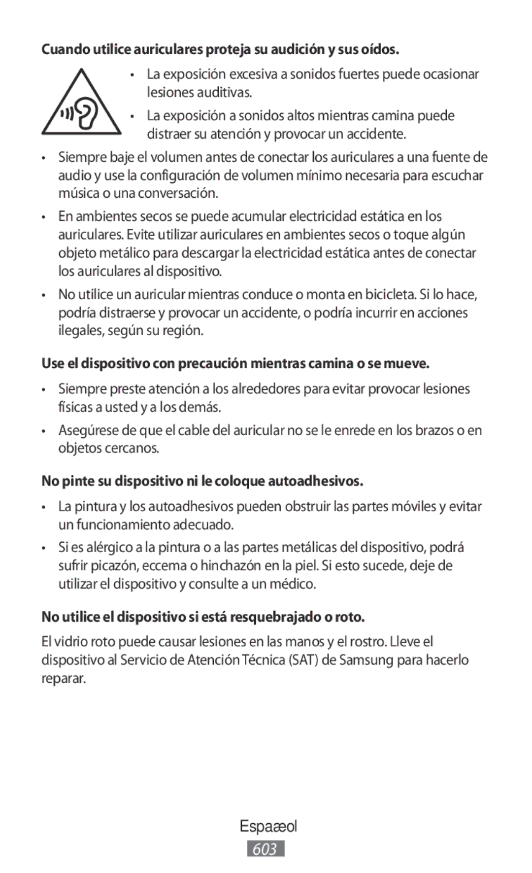 Samsung SM-T331NYKASER, SM-A800FZDEKSA, SM-T330NZWAKSA manual Cuando utilice auriculares proteja su audición y sus oídos 
