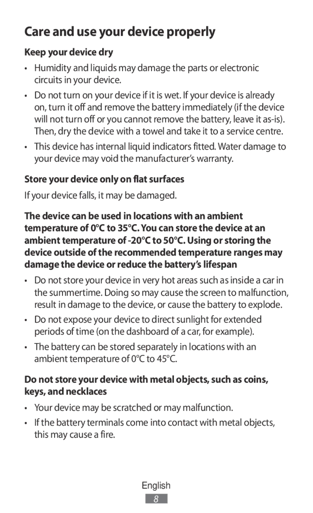 Samsung SM-A800FZWEXXV, SM-A800FZDEKSA, SM-T330NZWAKSA manual Keep your device dry, Store your device only on flat surfaces 