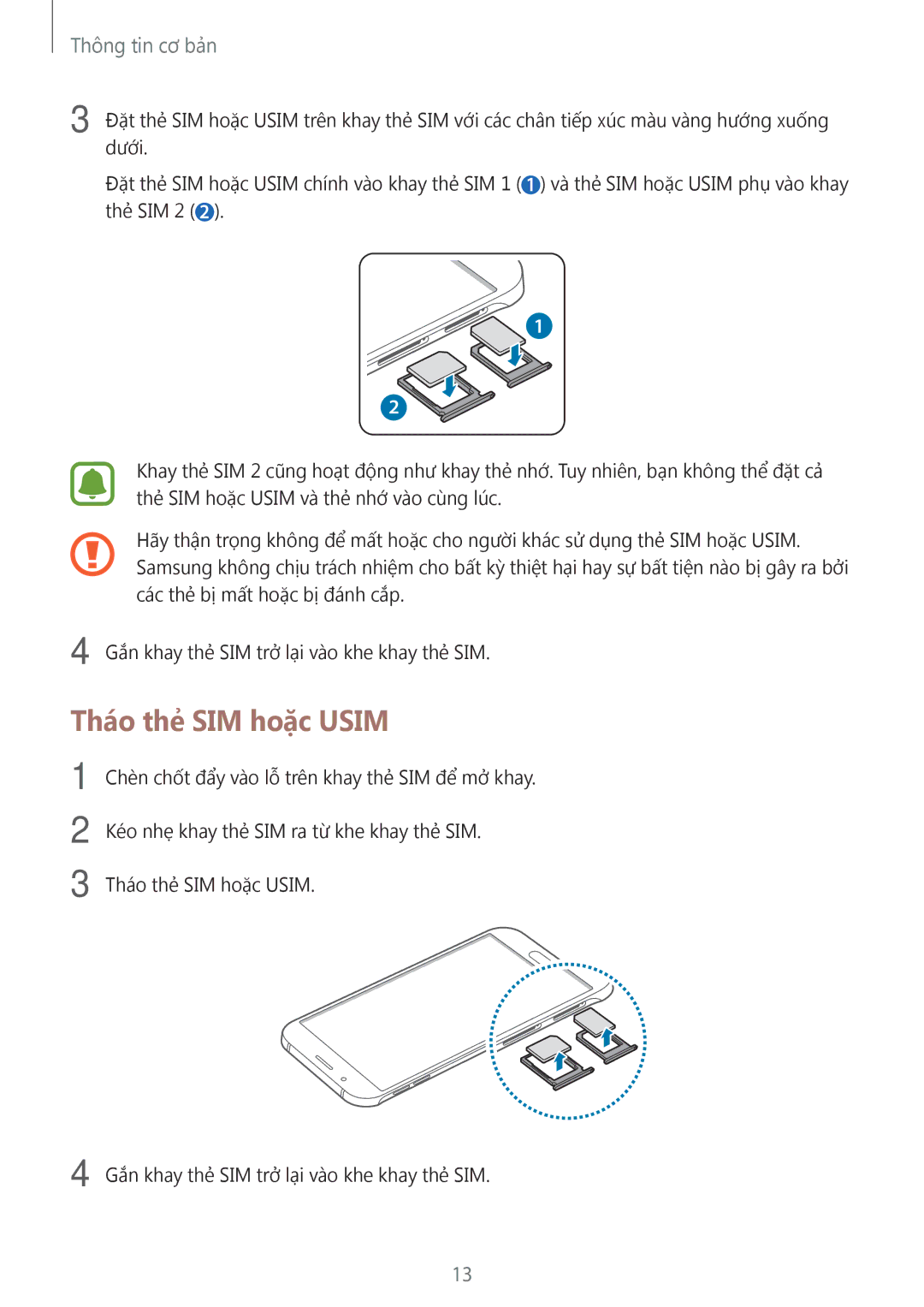 Samsung SM-A800FZWEXXV, SM-A800FZDEXXV manual Tháo thẻ SIM hoặc Usim 