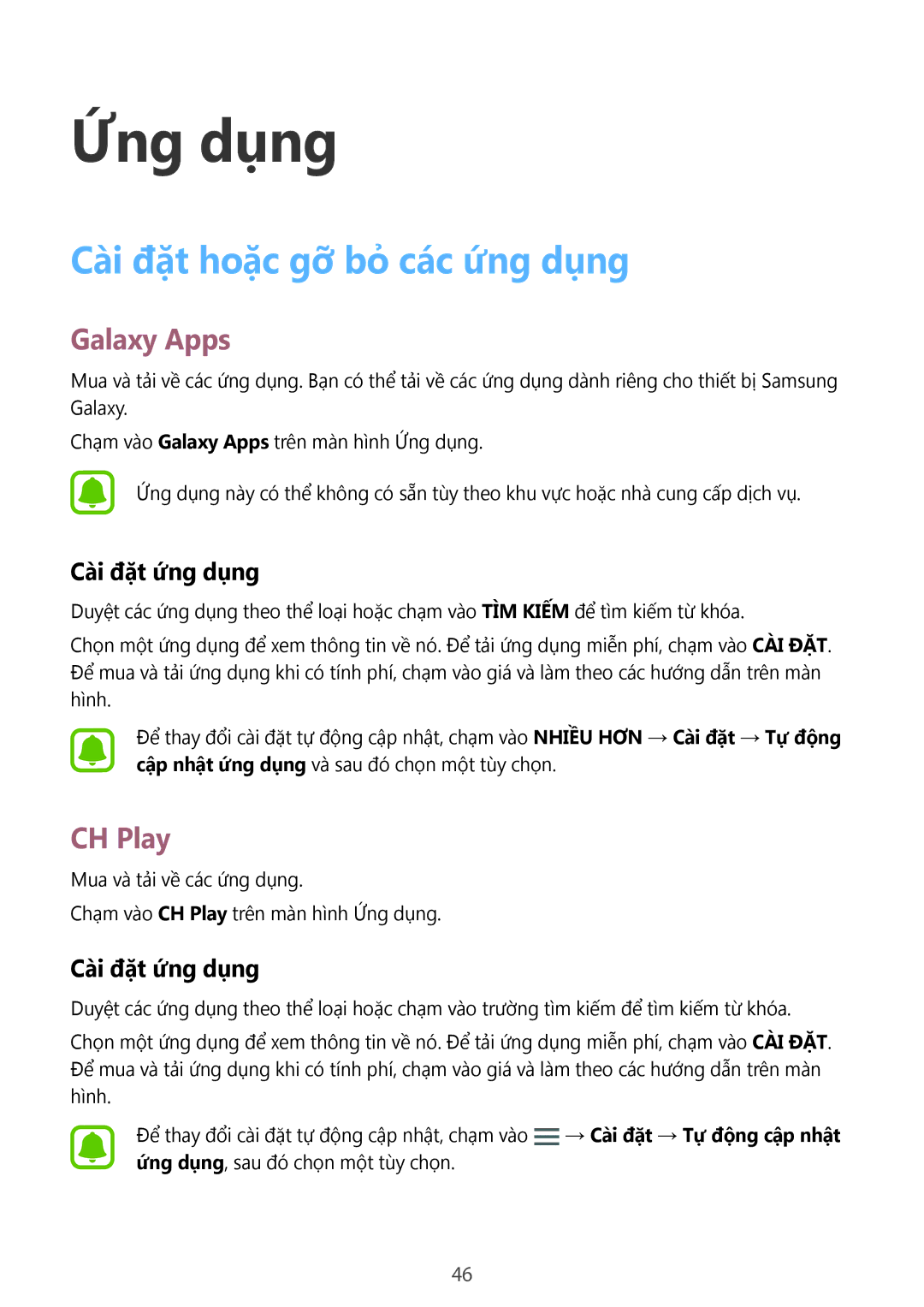 Samsung SM-A800FZDEXXV, SM-A800FZWEXXV manual Cài đặt hoặc gỡ bỏ các ứng dụng, Galaxy Apps, CH Play, Cài đặt ứng dụng 