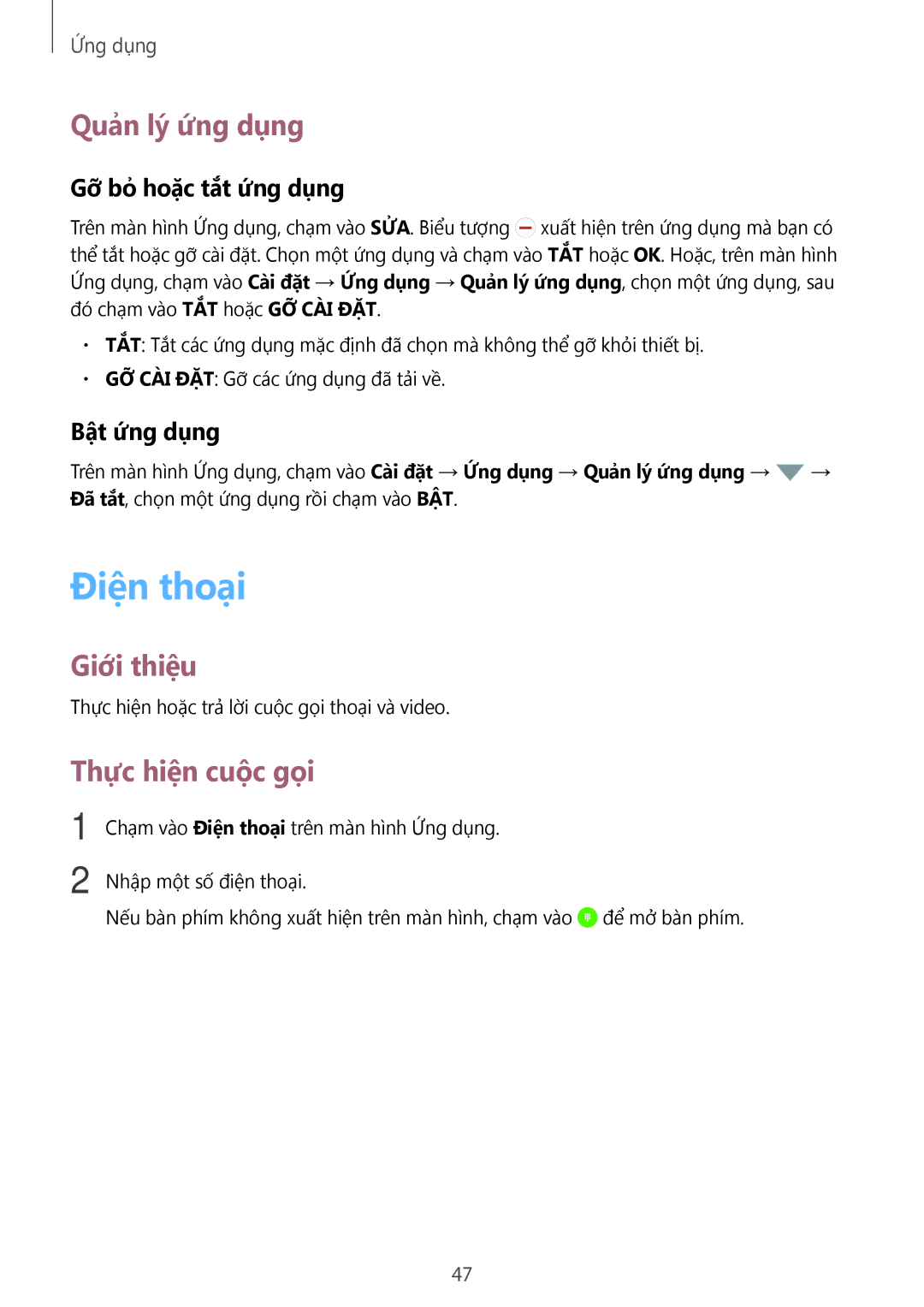 Samsung SM-A800FZWEXXV manual Điện thoại, Quản lý ứng dụng, Thực hiện cuộc gọi, Gỡ bỏ hoặc tắt ứng dụng, Bật ứng dụng 