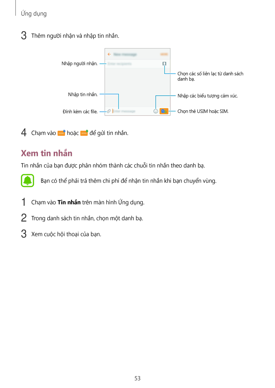 Samsung SM-A800FZWEXXV, SM-A800FZDEXXV manual Xem tin nhắn, Thêm người nhận và nhập tin nhắn 