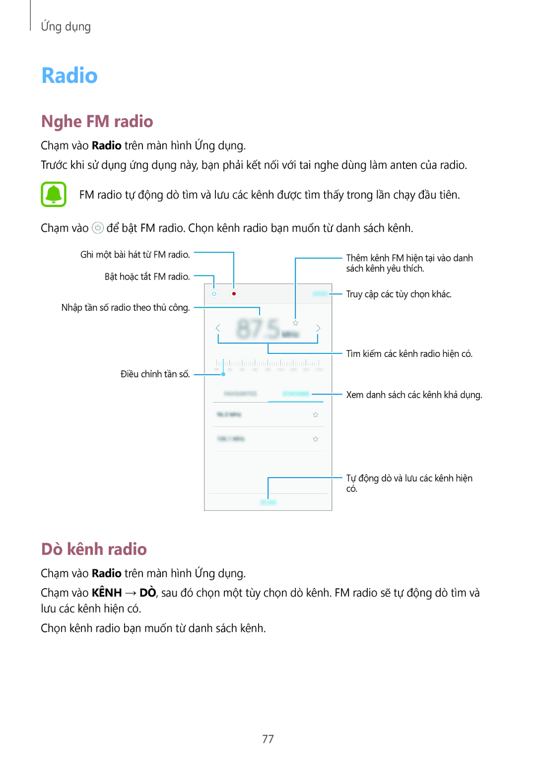 Samsung SM-A800FZWEXXV, SM-A800FZDEXXV manual Radio, Nghe FM radio, Dò kênh radio 