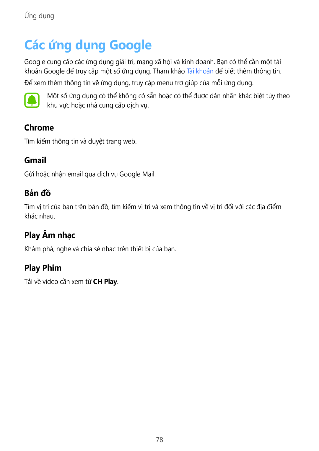Samsung SM-A800FZDEXXV, SM-A800FZWEXXV manual Các ứng dụng Google 
